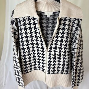 LOFT Black and Cream Houndstooth Zip Cardigan Sweater